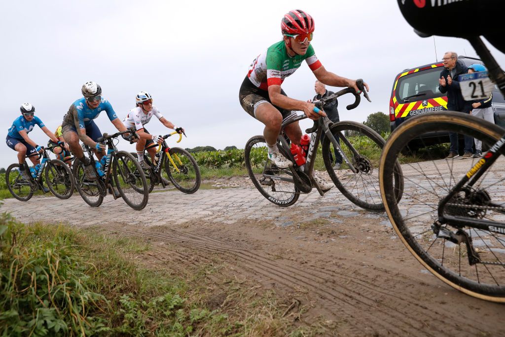 ROUBAIX FRANCE OCTOBER 02 LR Emma Norsgaard Jorgensen of Denmark and Movistar Team Lisa Brennauer of Germany and Ceratizit WNT Pro Cycling Team and Elisa Longo Borghini of Italy and Team Trek Segafredo compete during the 1st ParisRoubaix 2021 Womens Elite a 1164km race from Denain to Roubaix ParisRoubaixFemmes ParisRoubaix on October 02 2021 in Roubaix France Photo by Bas CzerwinskiGetty Images