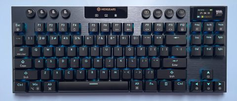 The Hexgears Immersion A3 mechanical gaming keyboard against a blue background.