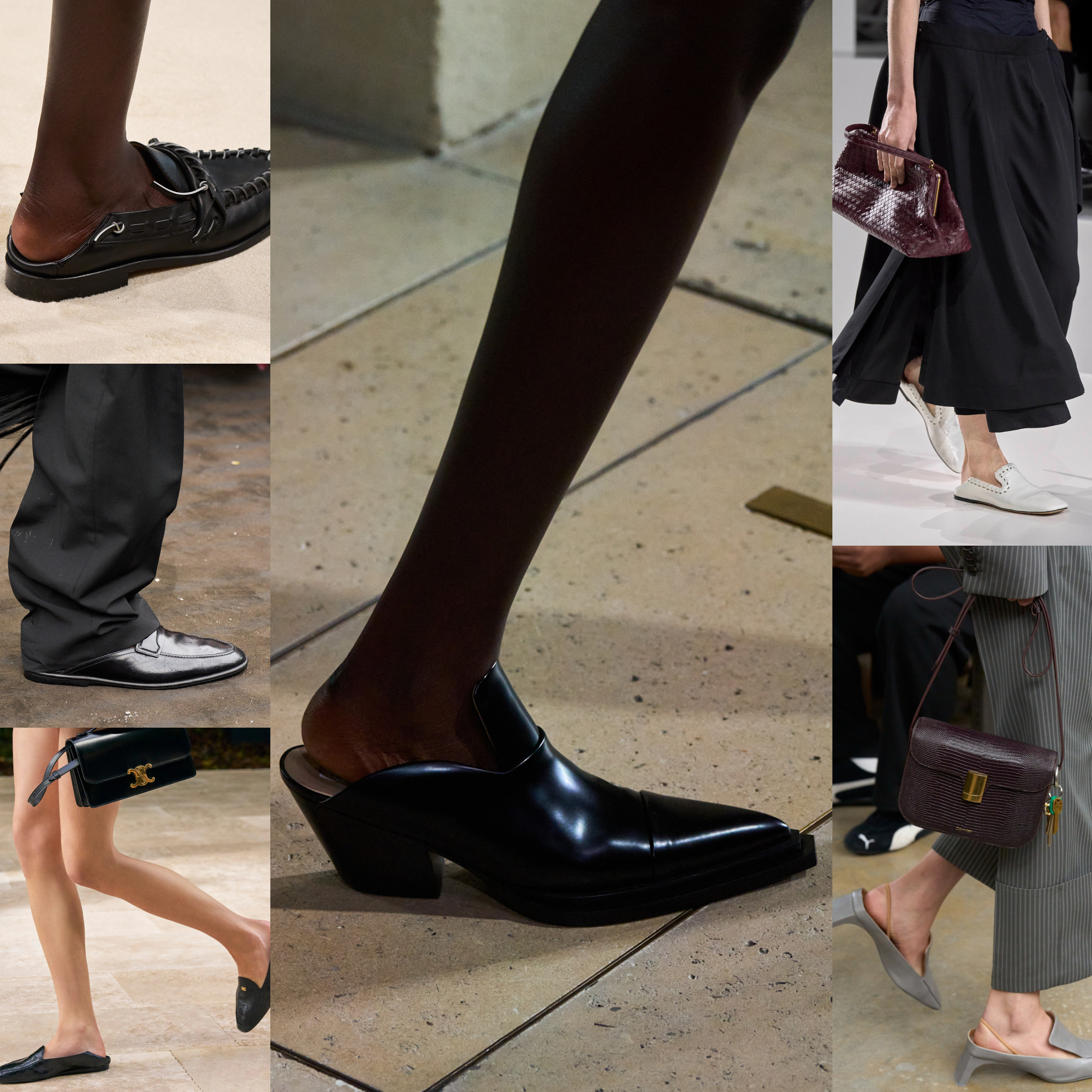 the backless loafer trend at Tod's, Ferragamo, Celine, Victoria Beckham, Bottega Veneta, Calvin Klein Spring 2026 runway
