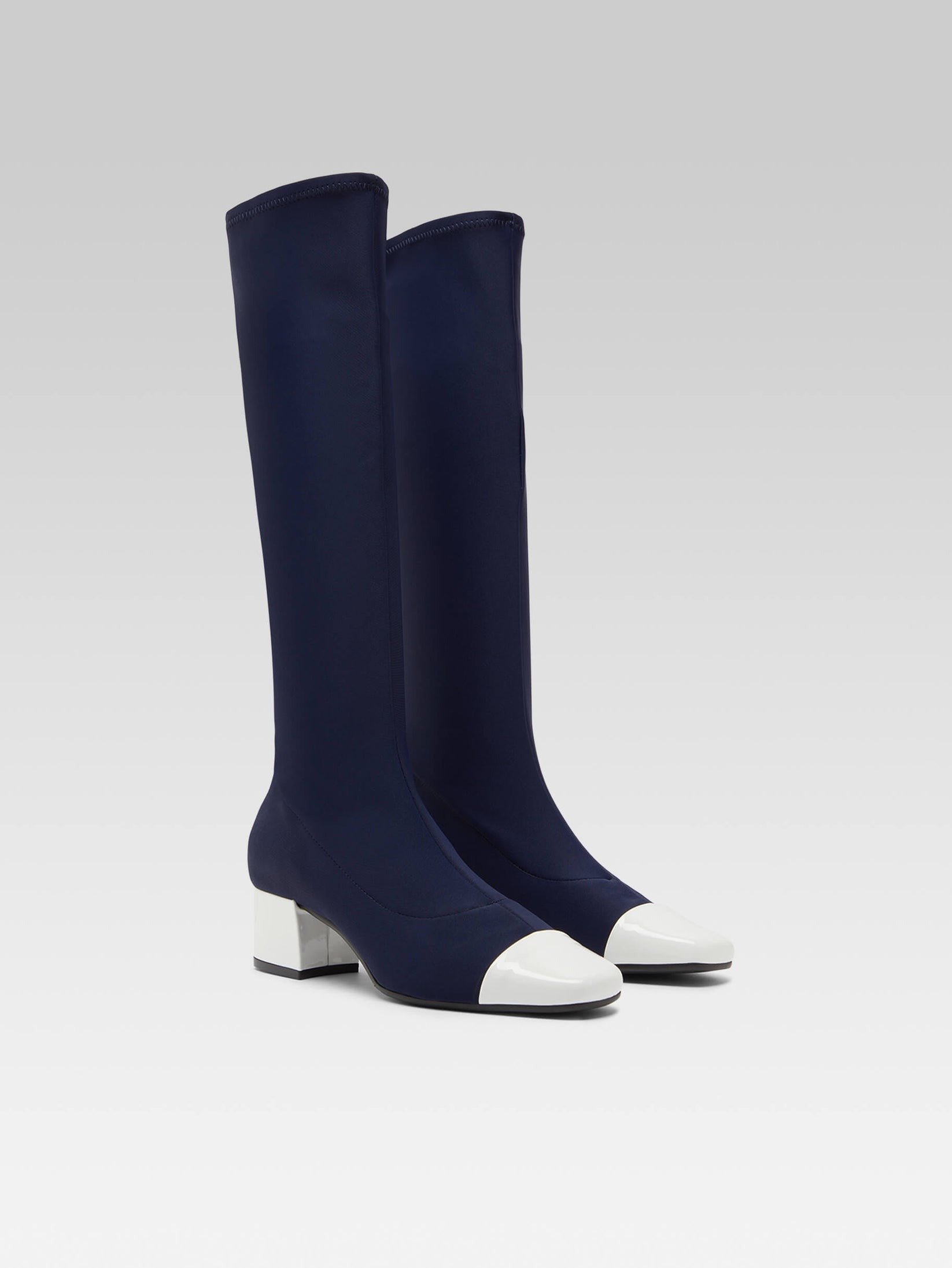 Blue Stretch Fabric and White Patent Leather Boots