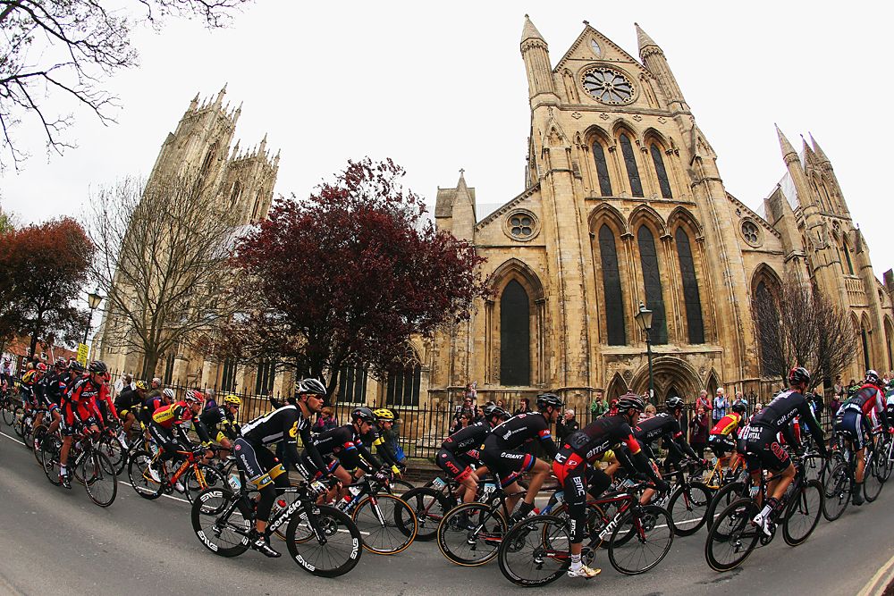 The peloton ride past Beverley Cathedral on stage 2 of the Tour de Yorkshire