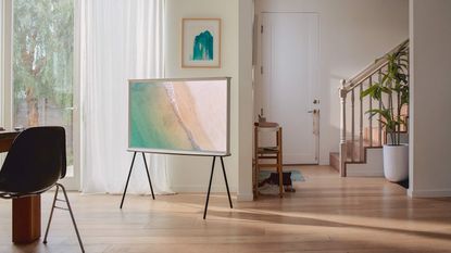 A naturally lit living room with a flat-screen, canvas-looking TV standing on two wrought iron inverted-V legs on wooden flooring, decorated with minimal furniture and plants.
