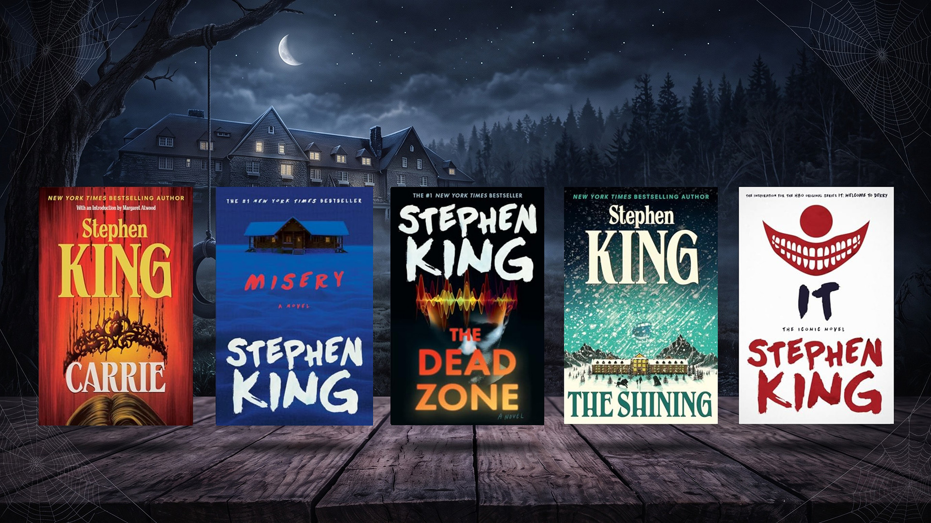A selection of Stephen King novels on a spooky background with a scary house.