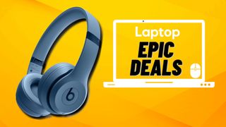 A pair of Beats Solo 4 headphones beside a Laptop Mag deals icon in front of a yellow background