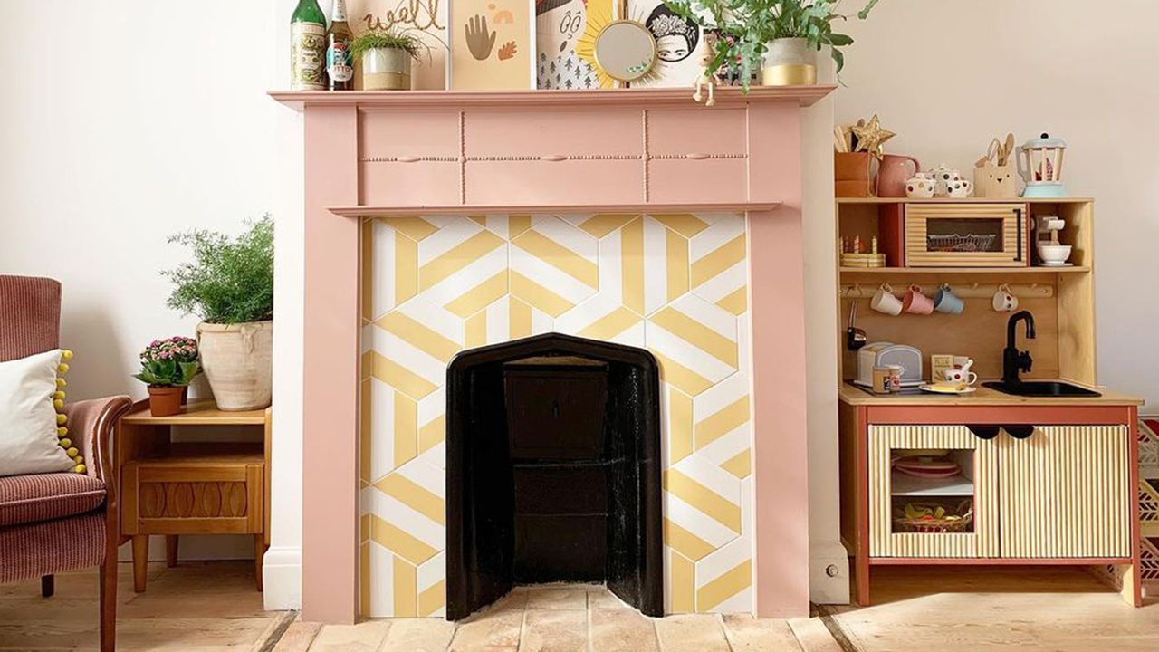 Fireplace tile ideas in living room with pink paint decor and Neopolitan Yellow Porcelain Tile by Ca&#039;Pietra