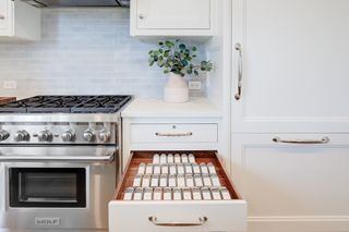 A white kitchen with a spice rack drawer
