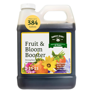 A bottle of fruit & bloom booster fertilizer