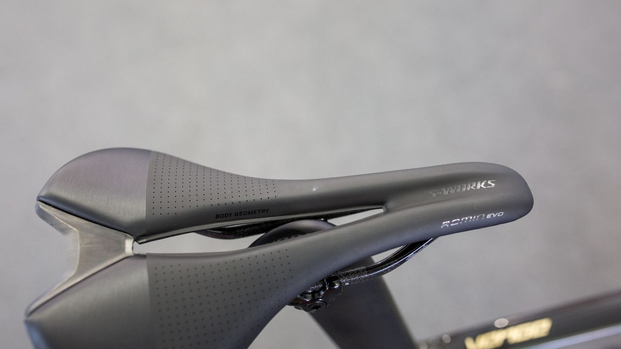 The Romin Evo saddle features carbon rails and is Specialized's lightest production saddle