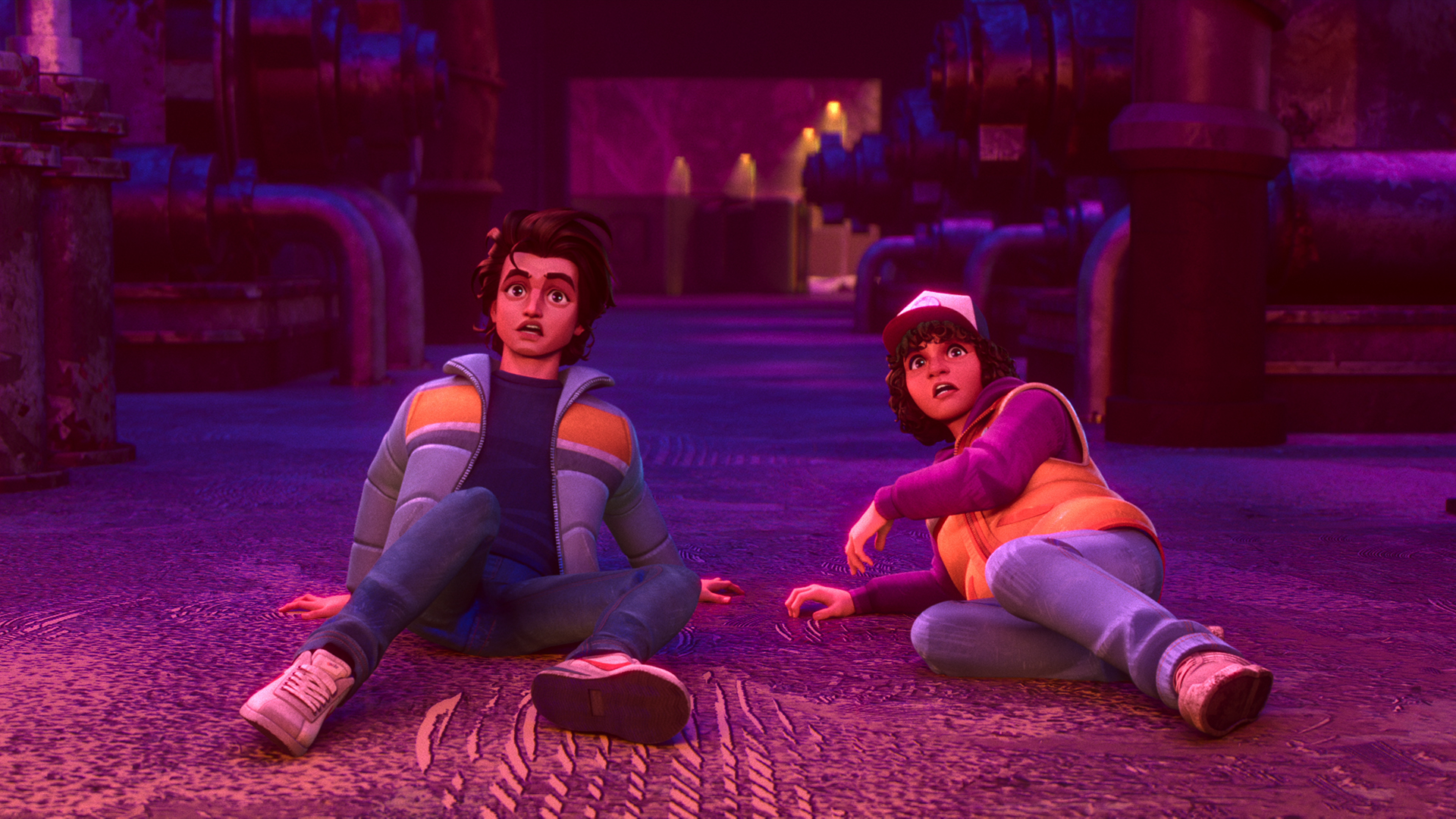 Steve and Dustin looking worried while sitting on the floor in Stranger Things: Tales From 85