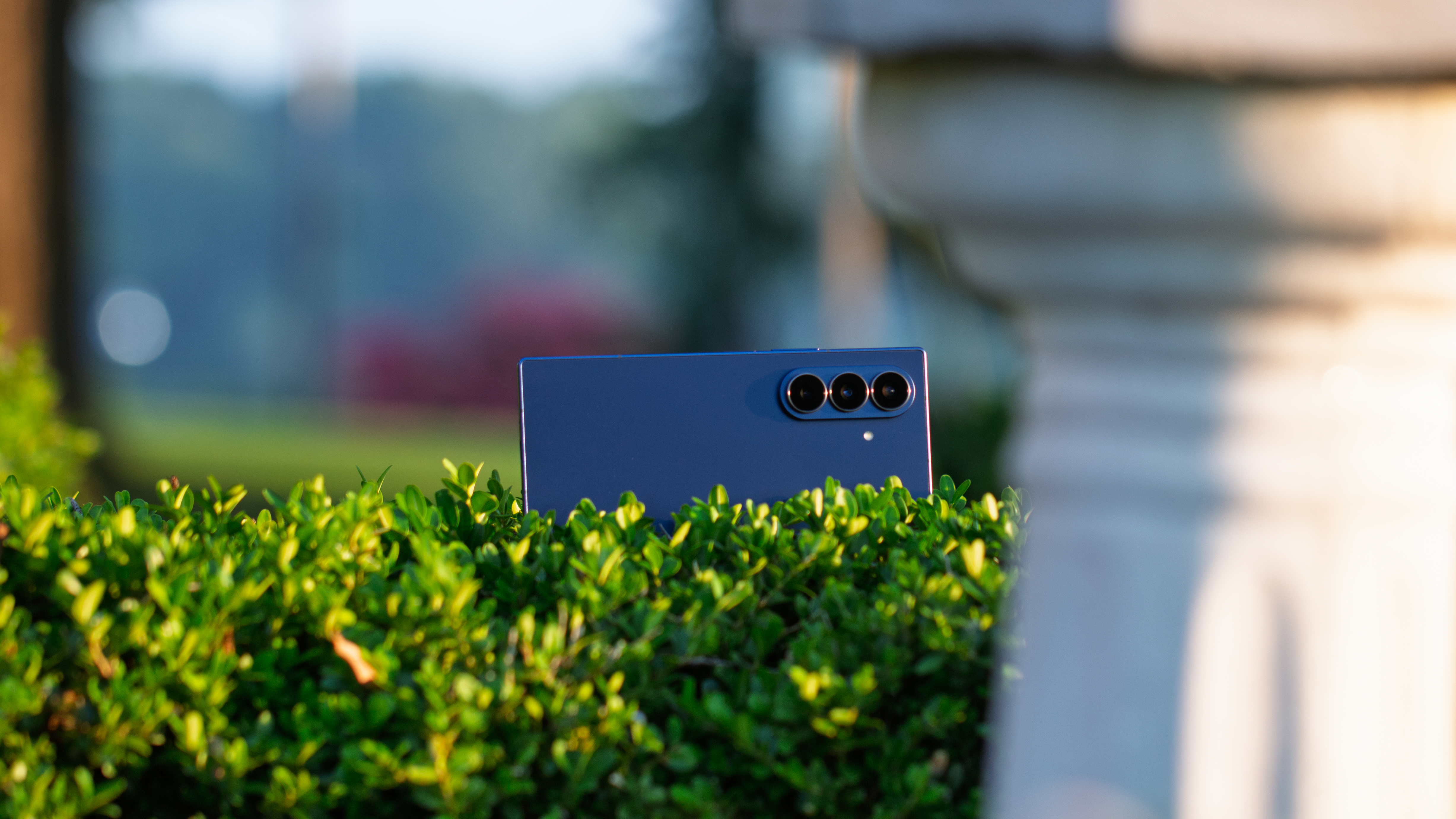 View of the Samsung Galaxy Z Fold 7 camera behind a sundial
