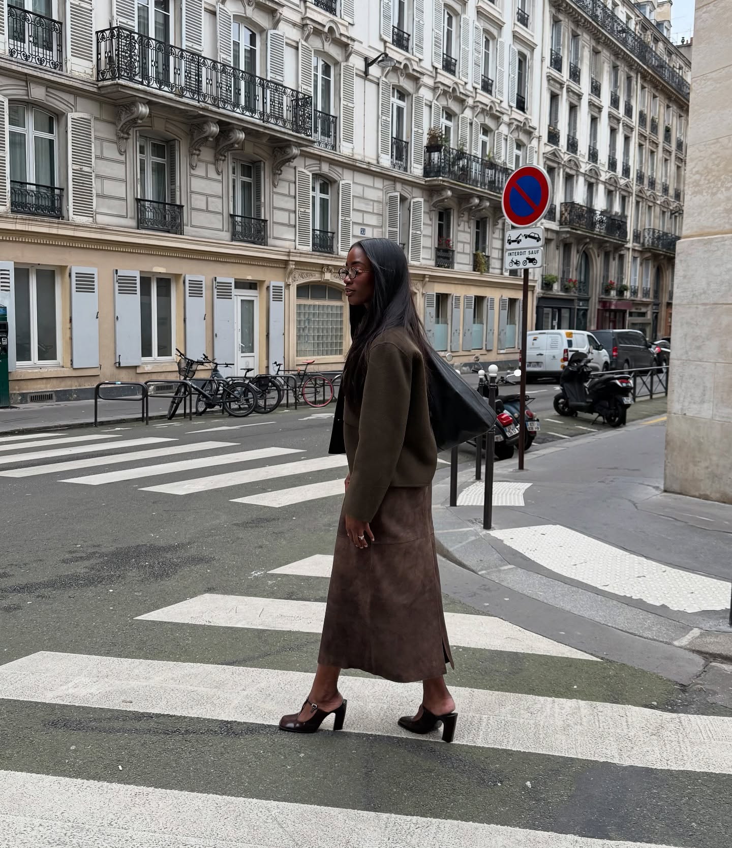 Liv Madeline wears Wool Jacket + Long Suede Skirt + Mules