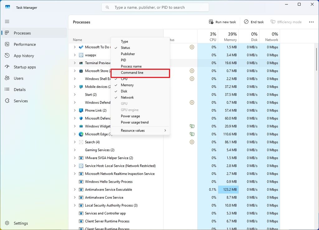 Task Manager show command line