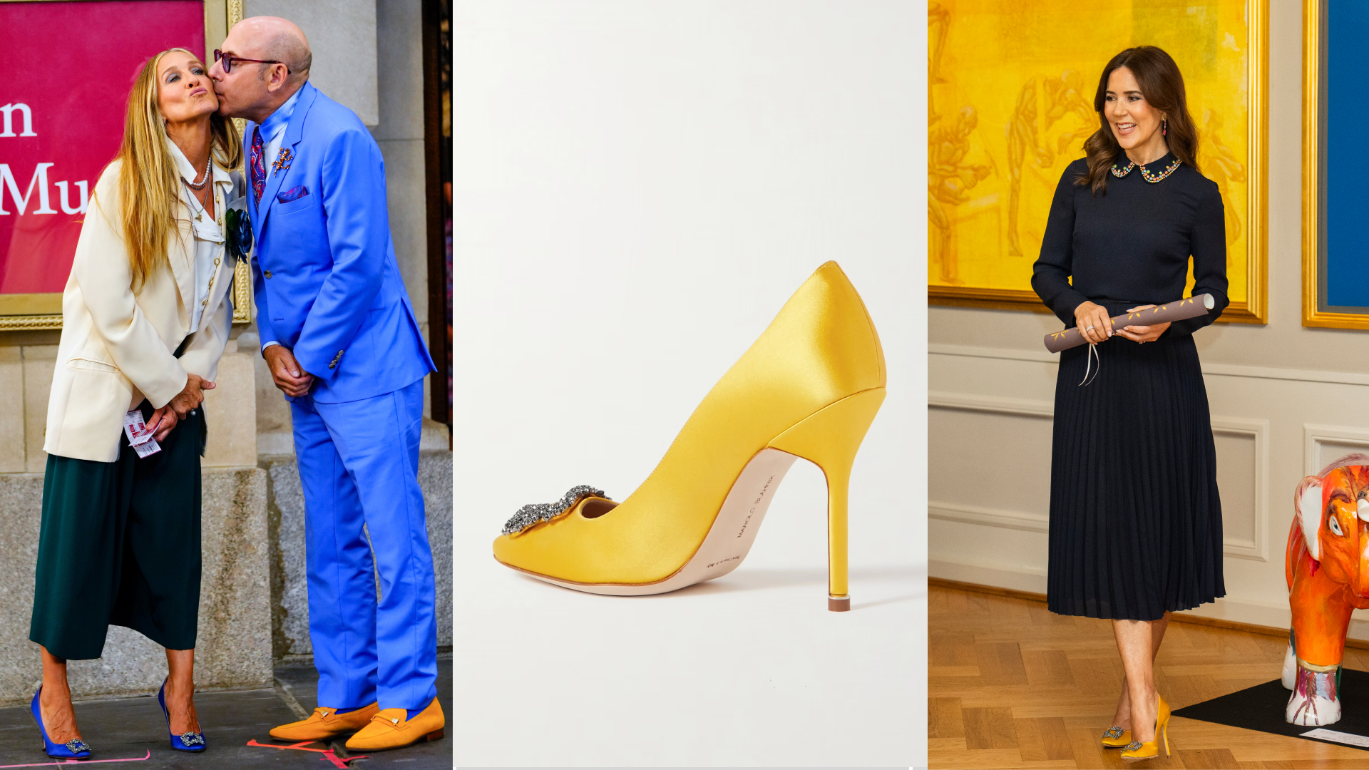 Carrie Bradshaw wearing blue Manolo heels and kissing Stanford on the cheek; Yellow Manolo Blahnik Hangisi pumps; Queen Mary wearing a navy outfit and yellow Manolo heels