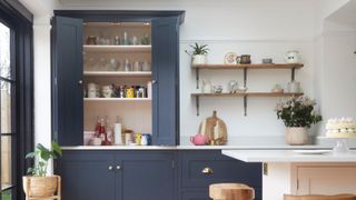 Shaker Kitchen Painted In Railings And Pink Ground By Farrow Ball with a built in larder 