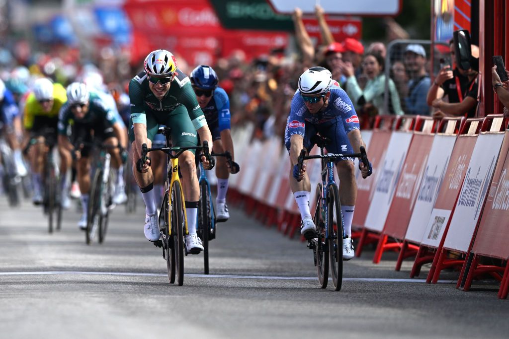 Wout van Aert finishes second to Kaden Groves on stage 14 of the Vuelta a España