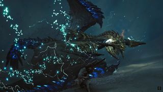 A Rey Dau slams a lightning-charged wing into the ground in Monster Hunter Wilds