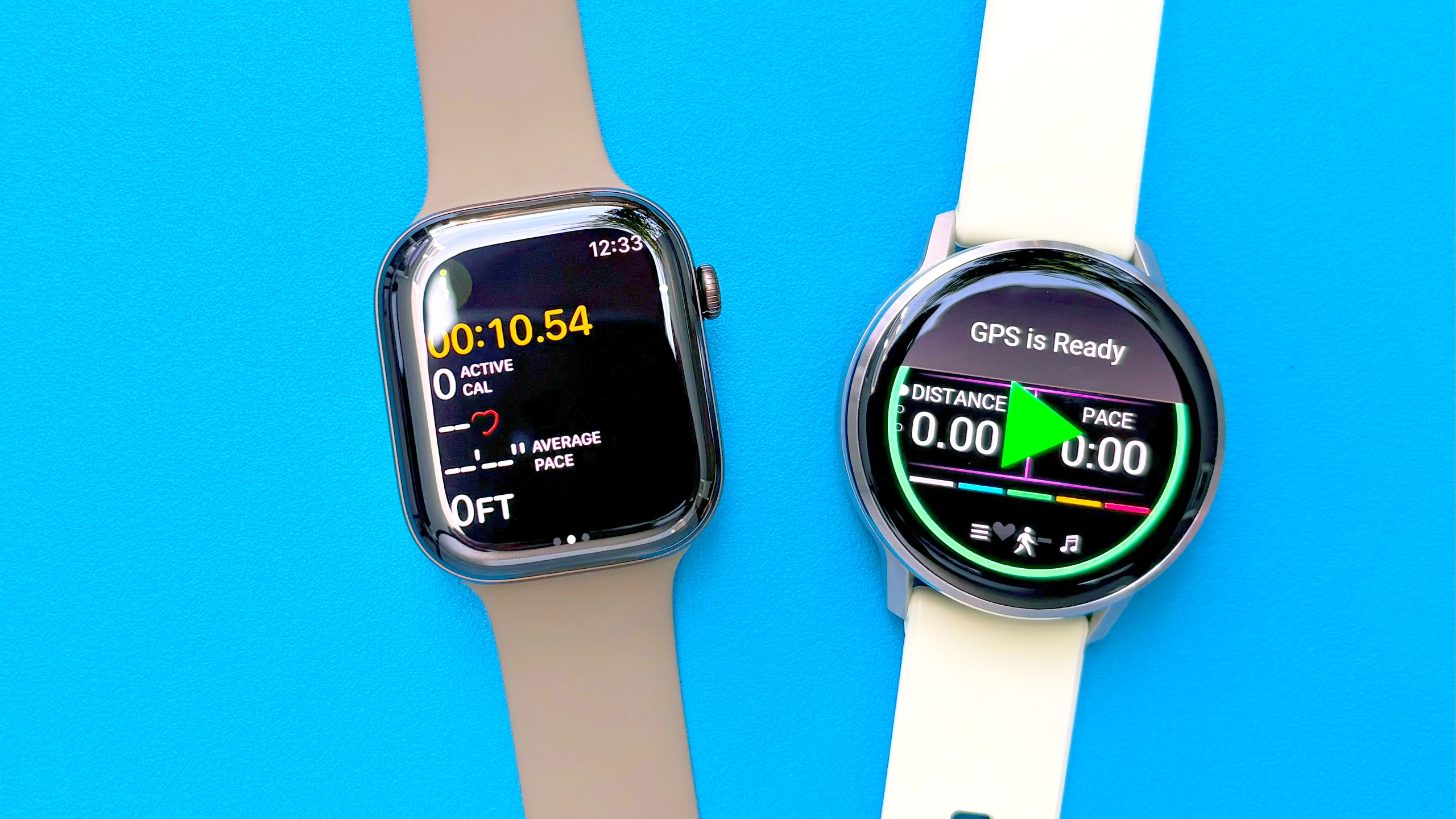 Close-up of the Apple Watch Series 12 next to the Garmin Venu 4
