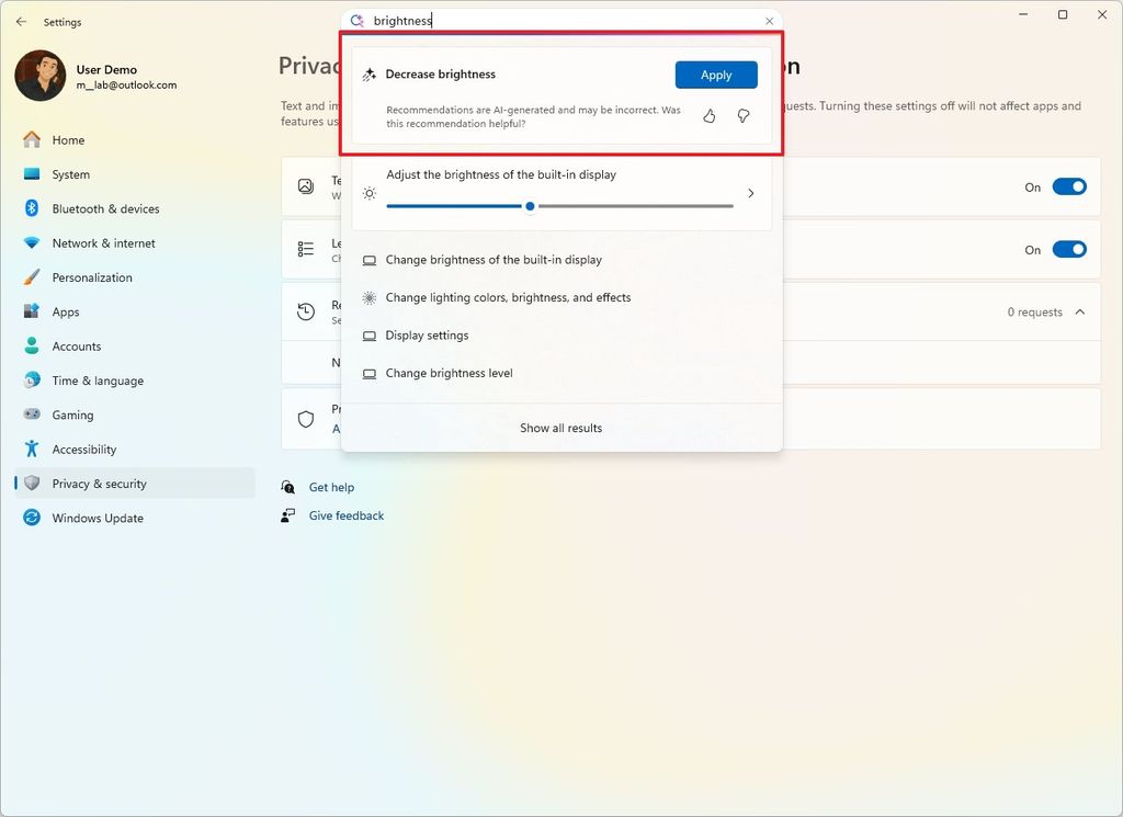Settings app with AI agent