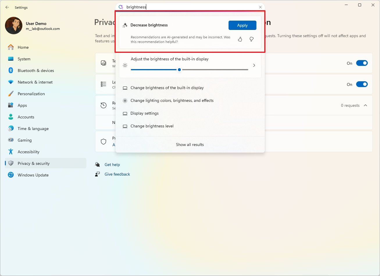 Settings app with AI agent