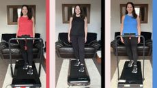 Susan Griffin testing three of the best walking pads in living room