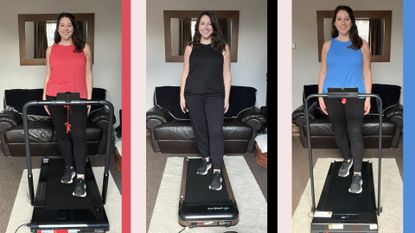 Susan Griffin testing three of the best walking pads in living room