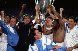 Marseille players celebrate their European Cup final win over AC Milan in May 1993.