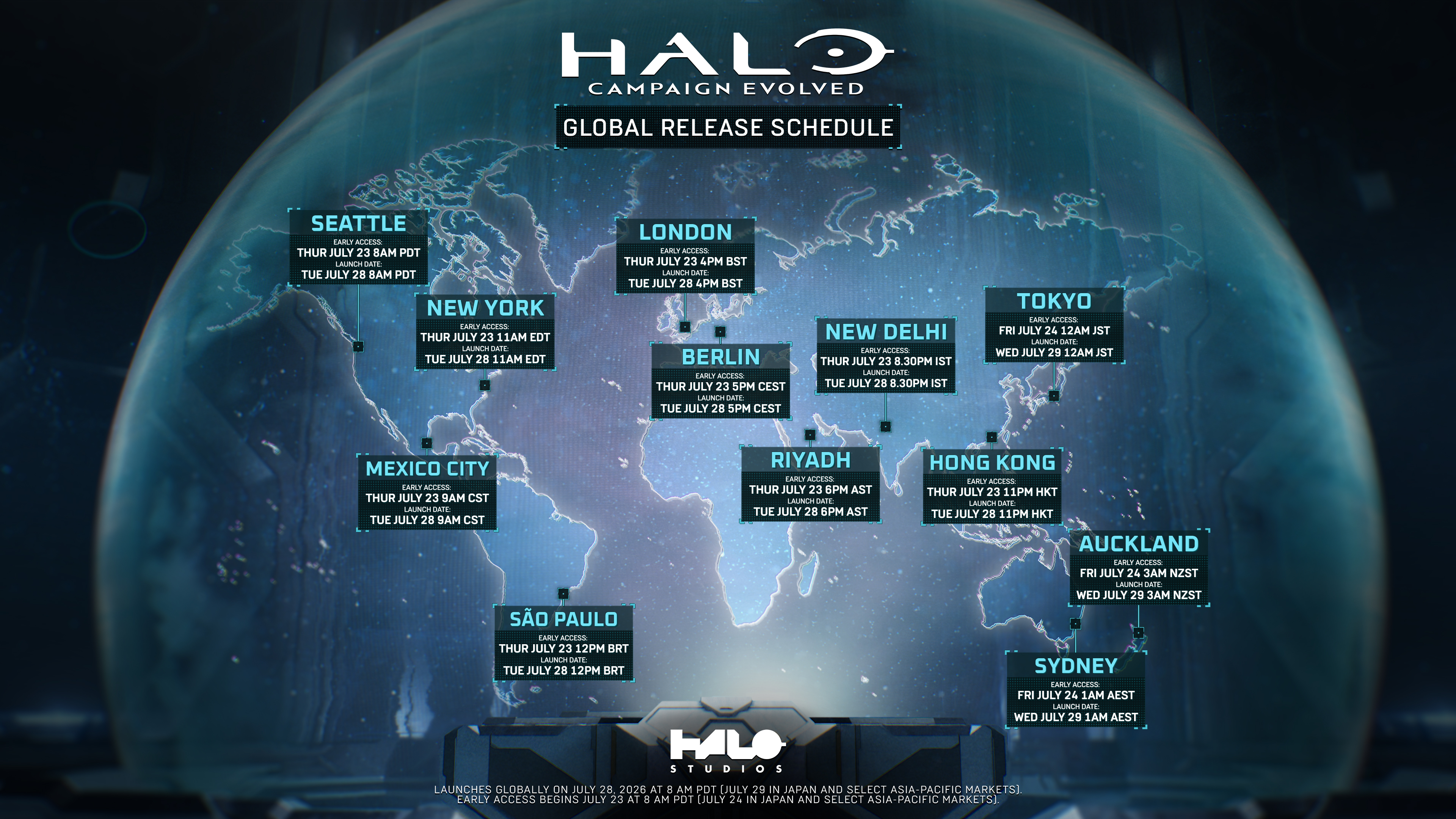 Halo Campaign Evolved map showing release times and early access time around the world
