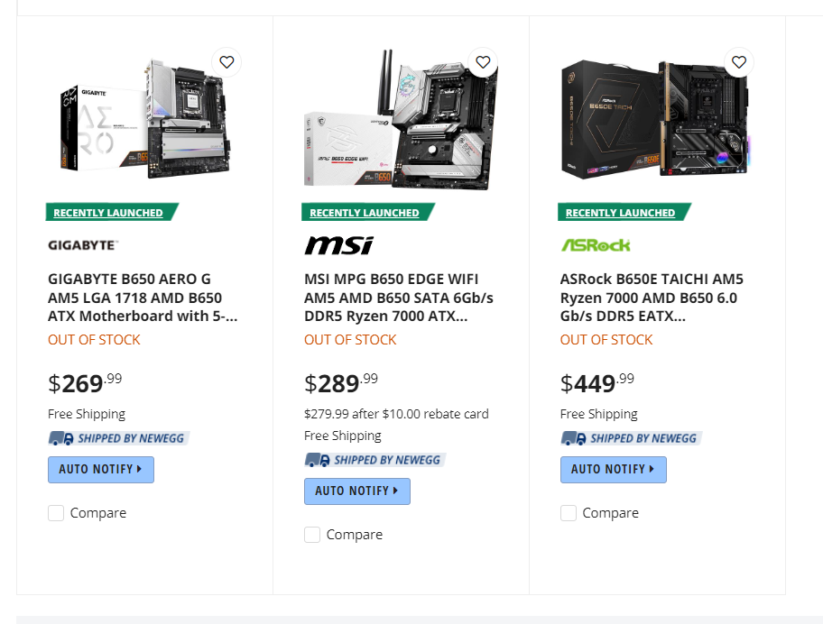 Newegg B650/B650E Motherboard Listings