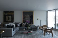 A living room in dark tones