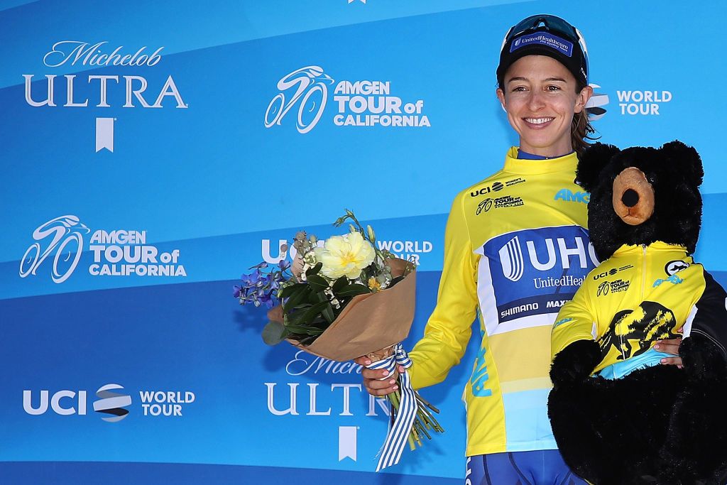 SACRAMENTO, CA - MAY 19: Overall winner Katie Hall of the United States riding for UnitedHealthCare Pro Cycling Team in the yellow Amgen Leaders jersey poses following stage three of the Amgen Tour of California Women&#039;s Race Empowered with SRAM, a 70km stage in Sacramento on May 19, 2018 in Sacramento, California. (Photo by Christian Petersen/Getty Images for AEG)