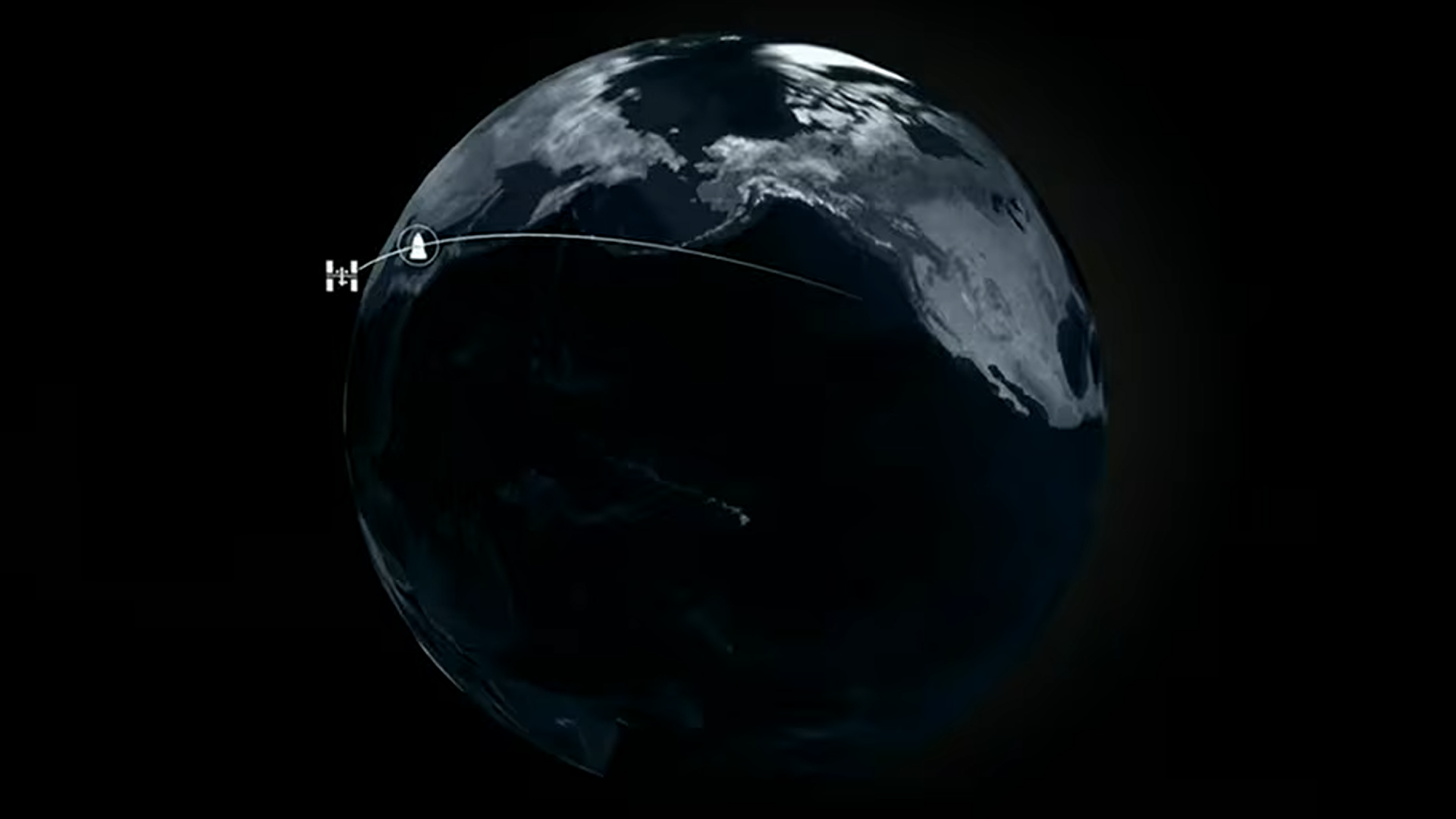 a map of earth with a line running from east to west and an icon of a white cone-shaped capsule