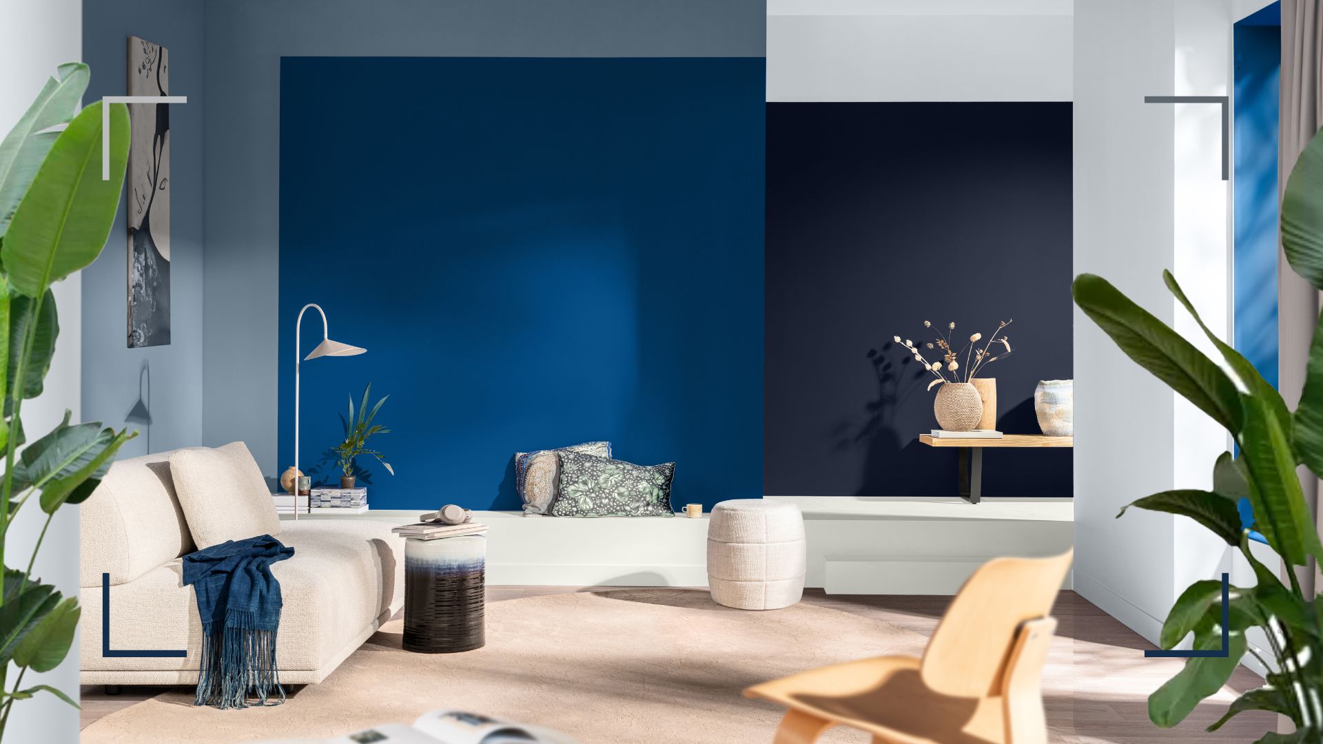 Open plan living room painting in three shades of blue to showcase the Dulux Colour of the Year 2026