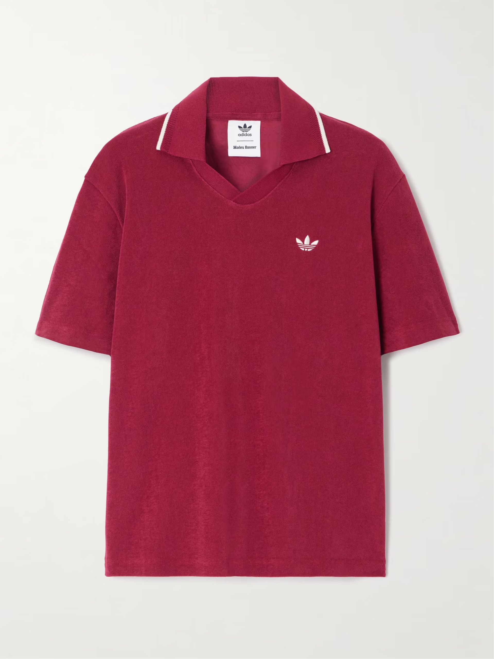 A red Adidas and Wales Bonner polo shirt