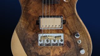 A photo showing the bridge and bridge pickup of Ellis Guitars' Soprano TX, a short-scale guitar tuned an octave above a standard guitar, allowing you to create mandolin-like tones from a familiar six-string instrument