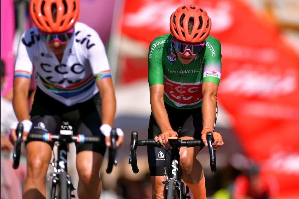 TIVOLI ITALY SEPTEMBER 14 Arrival Marianne Vos of The Netherlands and Team CCC Liv Green Mountain Jersey during the 31st Giro dItalia Internazionale Femminile 2020 Stage 4 a 1703km stage from Assisi to Tivoli 237m GiroRosaIccrea GiroRosa on September 14 2020 in Tivoli Italy Photo by Luc ClaessenGetty Images