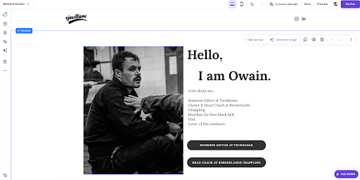 screenshot of Hostinger website builder being used to create a personal website