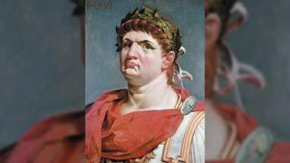 An oil painting of a portrait of Nero Caesar. He has brown eyes and short, curly auburn hair. He is wearing a laurel wreath on his head, a white tunic, and a red cape around his shoulders fastened with a brooch on his left shoulder.