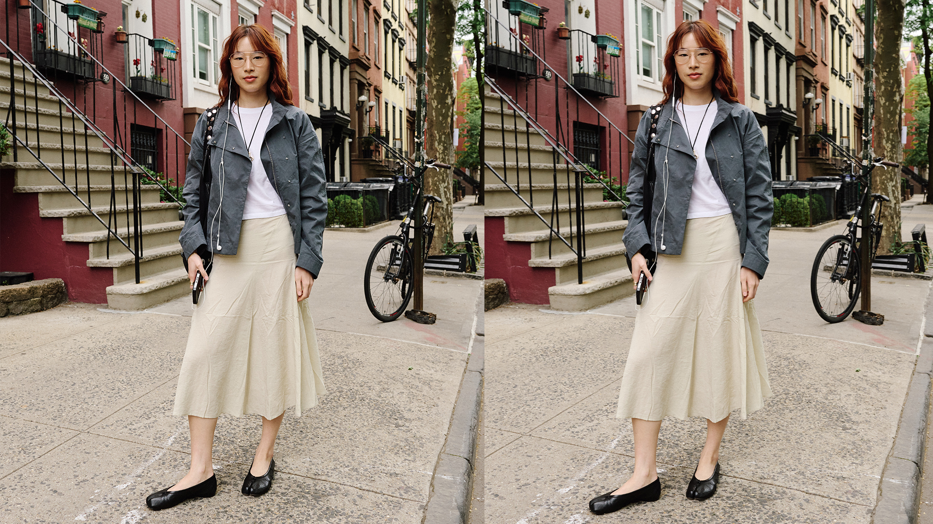 Woman wears khaki skirt white tee and jacket with flats