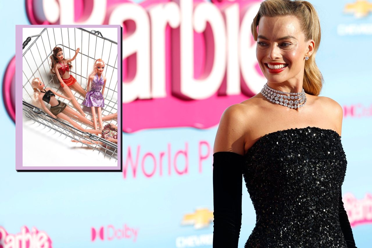 Margot Robbie and drop in of Barbie Dolls in a basket