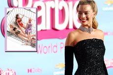 Margot Robbie and drop in of Barbie Dolls in a basket