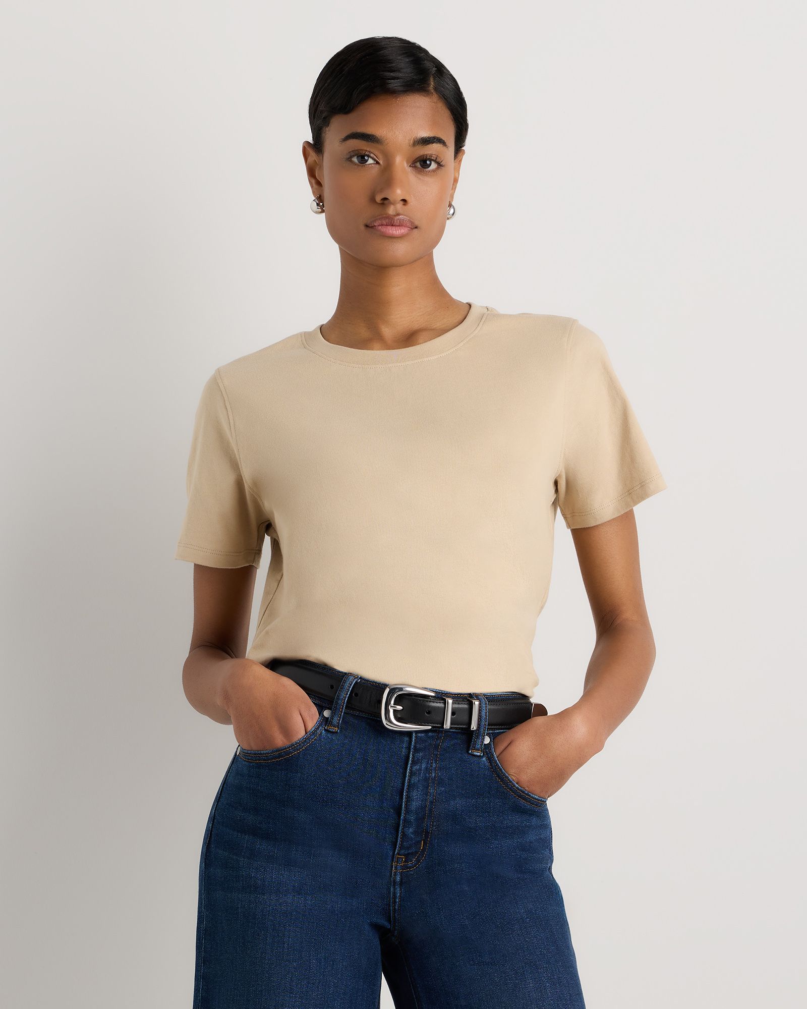 100% Organic Cotton Boxy Crewneck Tee in Dusty Beige