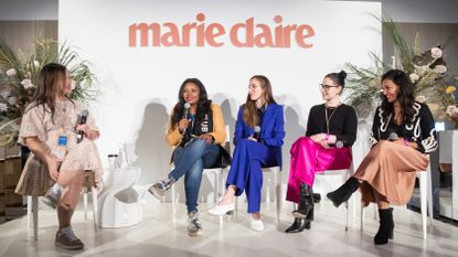 Tanya Klich speaks to panelists MUTALE NKONDE, CEO and founder of AI for the People, LAURA MODI, CEO and cofounder of baby formula company Bobbie, AMIRA FOUAD, Director of Society Communications at Google, and SALI CHRISTESON, the founder and CEO of Argent at Marie Claire's 2022 Power Trip summit.