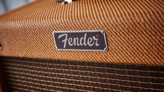 Close up of Fender logo on a Fender Pro Junior guitar amp