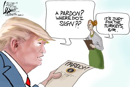 Political cartoon U.S. Thanksgiving Trump turkeys pardon