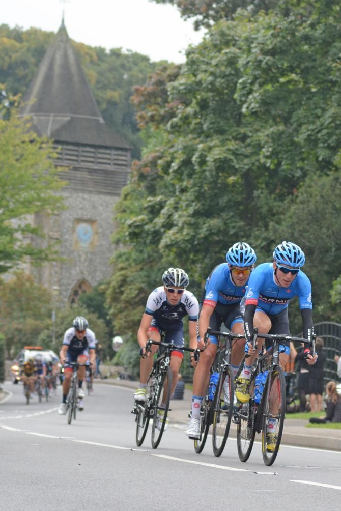 Martin and Bauer pass a church in Surrey