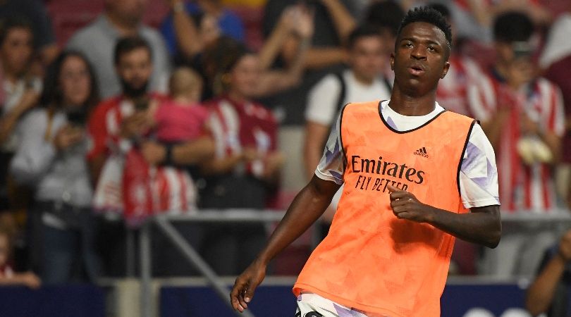 Vinicius Junior warms up for Real Madrid ahead of the derby against Atletico at the Wanda Metropolitano.