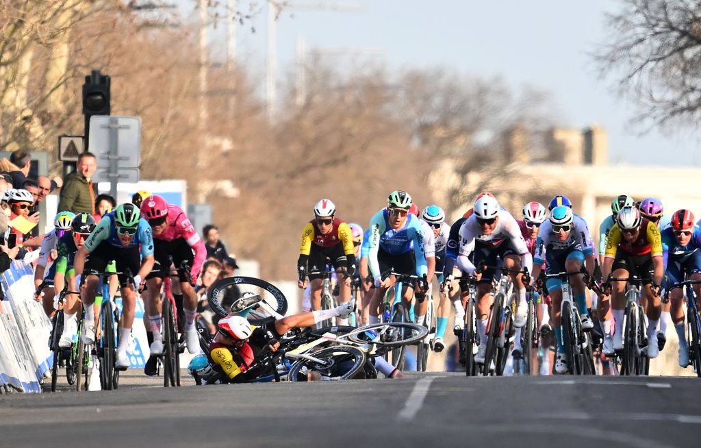 ARLES, FRANCE - FEBRUARY 16: General view of a Team Cofidis rider falling at the finish line during the 9th Tour de la Provence, Stage 3 a 190.6km stage from Rognac to Arles on February 16, 2025 in Arles, France. (Photo by Billy Ceusters/Getty Images)