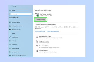 A screenshot showing how to manually check for updates on Windows 10