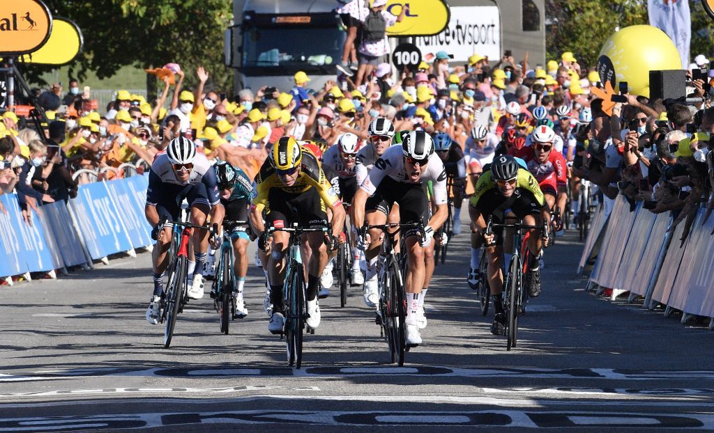 Team Jumbo rider Belgiums Wout van Aert CL sprints to cross the finish line ahead of Team Sunweb rider Netherlands Cees Bol CR at the end of the 5th stage of the 107th edition of the Tour de France cycling race 185 km between Gap and Privas on September 2 2020 Photo by AnneChristine POUJOULAT various sources AFP Photo by ANNECHRISTINE POUJOULATAFP via Getty Images