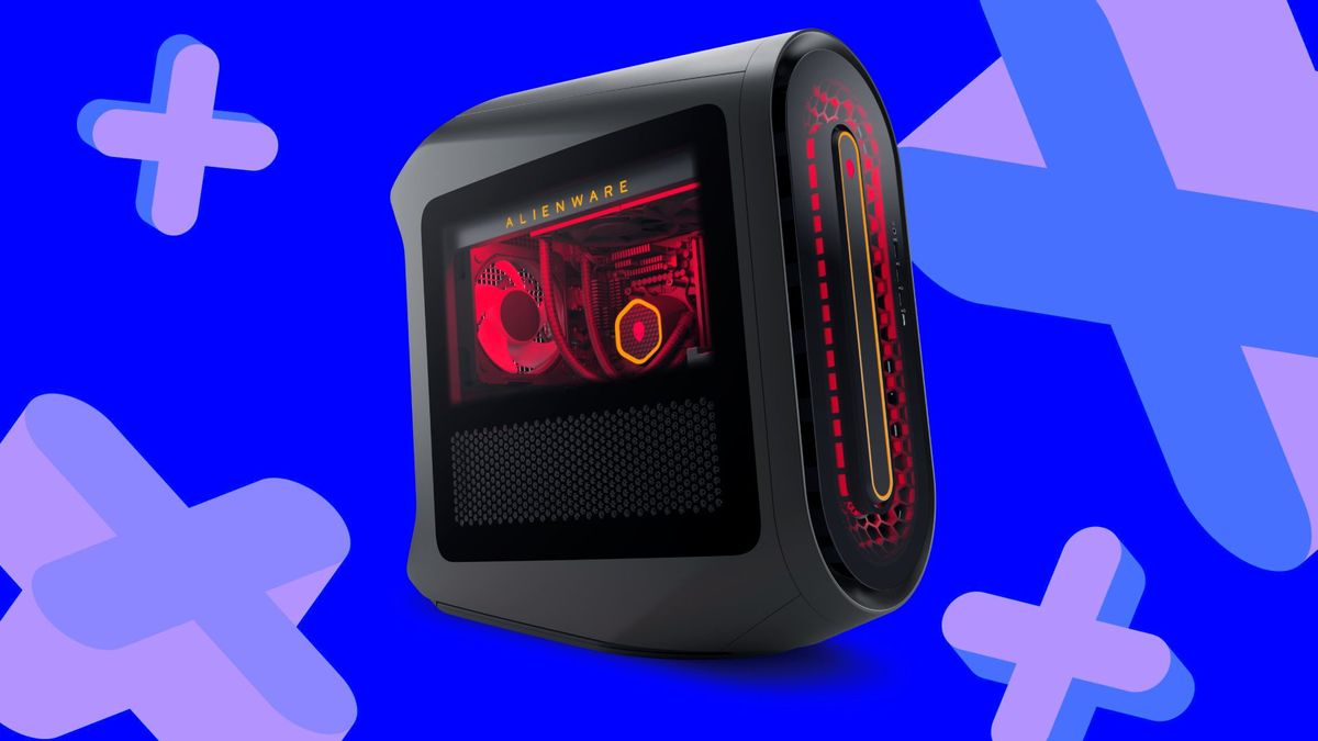 Alienware Aurora R15 black gaming PC with blue backdrop surrounded by GamesRadar+ symbols